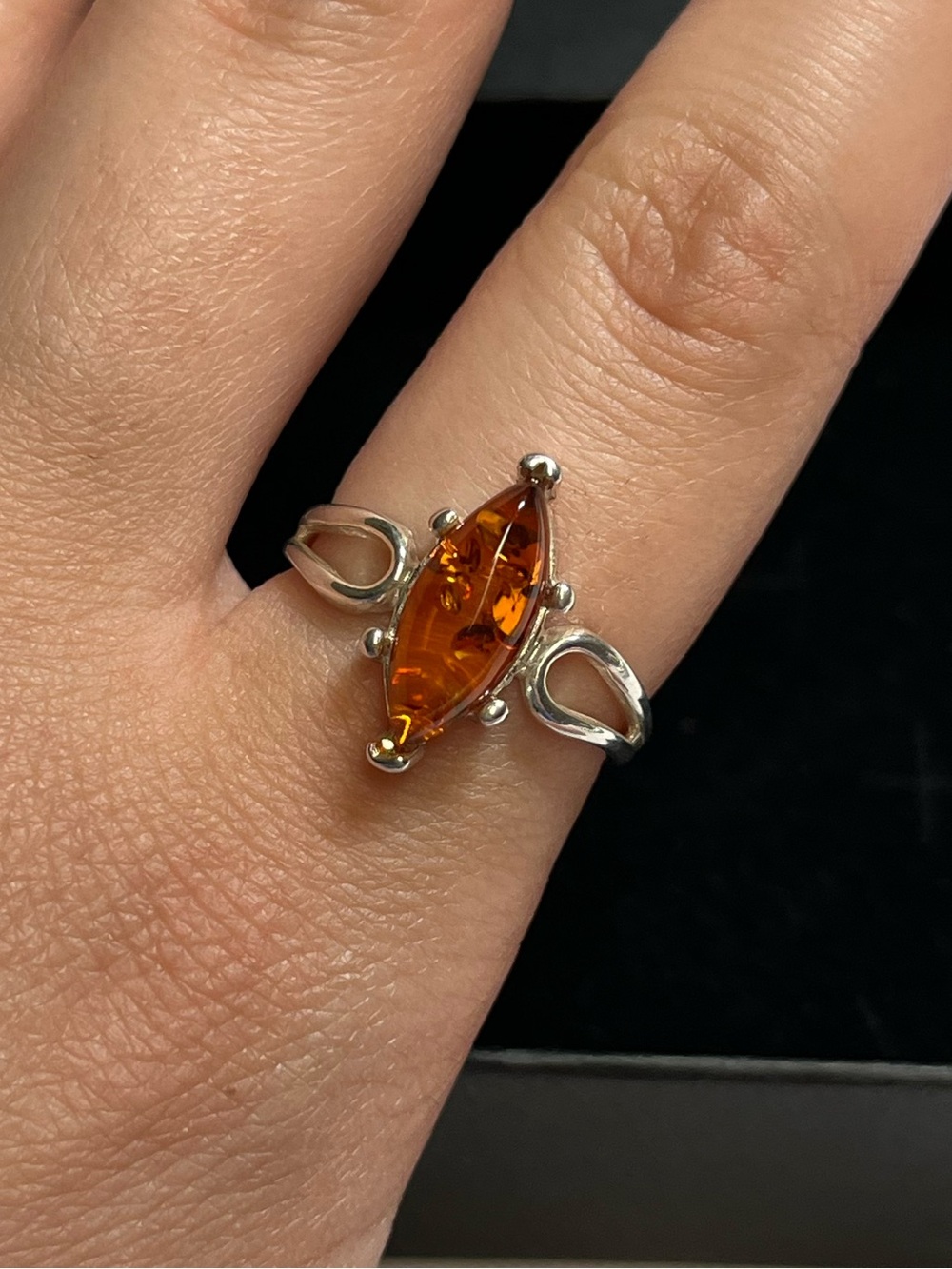 New Sterling Silver marquise Amber ring. 925